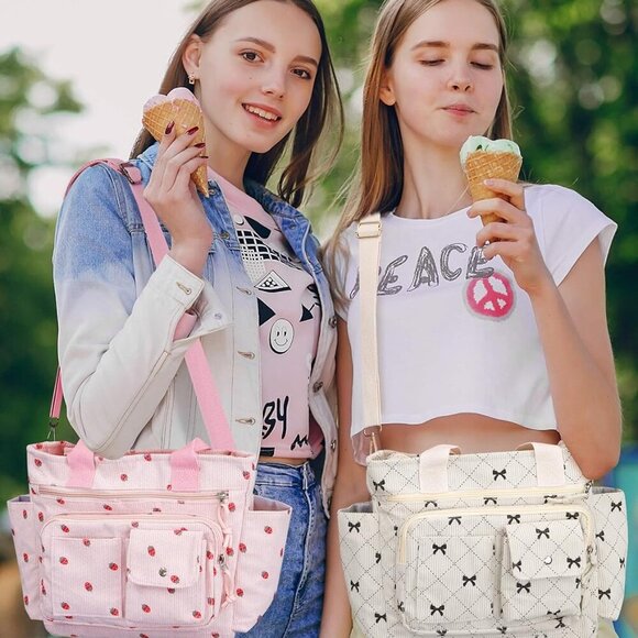 Strawberry Tote Bag Bow Bag With Multi Pocket Women Girls Crossbody Corduroy Han - Picture 2 of 7